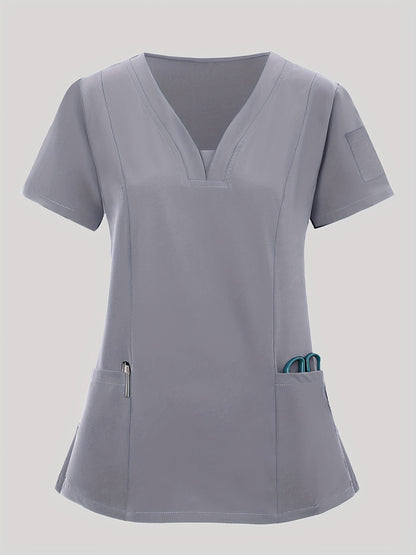 2pcs Women's Breathable V-Neck Work Uniform - Machine Washable Pocket Detail Matching Top & Pants, Casual Work Clothes Suitable for Work Uniforms, Healthcare, Education, Retail - Comfortable Professional Attire