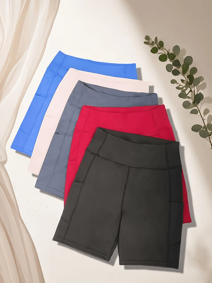 Five-piece Set Of High-waisted Women'S Cycling Shorts With Pockets, Yoga Shorts For Gym Workouts, Running, Made Of