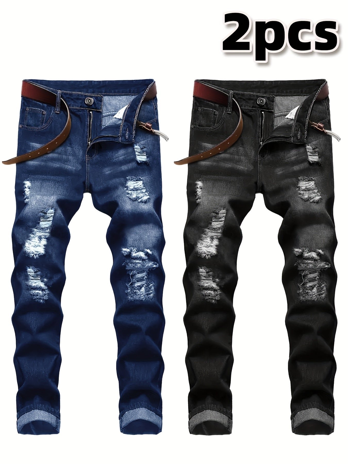 2pcs Men's Slim Fit Distressed Ripped Jeans | Classic Stretch Denim Pants, Trendy Casual Versatile Outfits