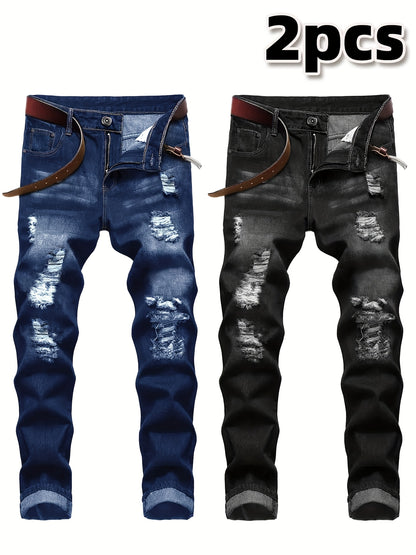 2pcs Men's Slim Fit Distressed Ripped Jeans | Classic Stretch Denim Pants, Trendy Casual Versatile Outfits
