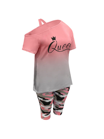Plus Size - Ladies Fashion Daily Casual Suit, Diagonal Shoulder Camisole Gradient Letter Print Top + Camouflage Capri Pants Design.