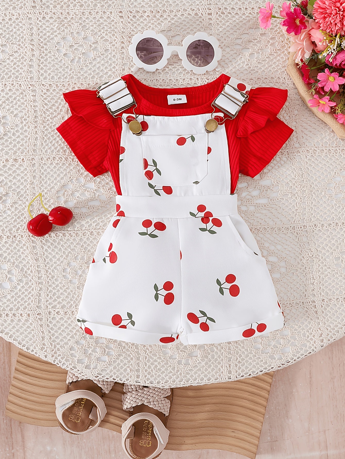 Random 1 Sets Baby Girl Clothes Ribbed Short Sleeved Triangular Jumpsuit Printed Overalls Set, for Outdoor