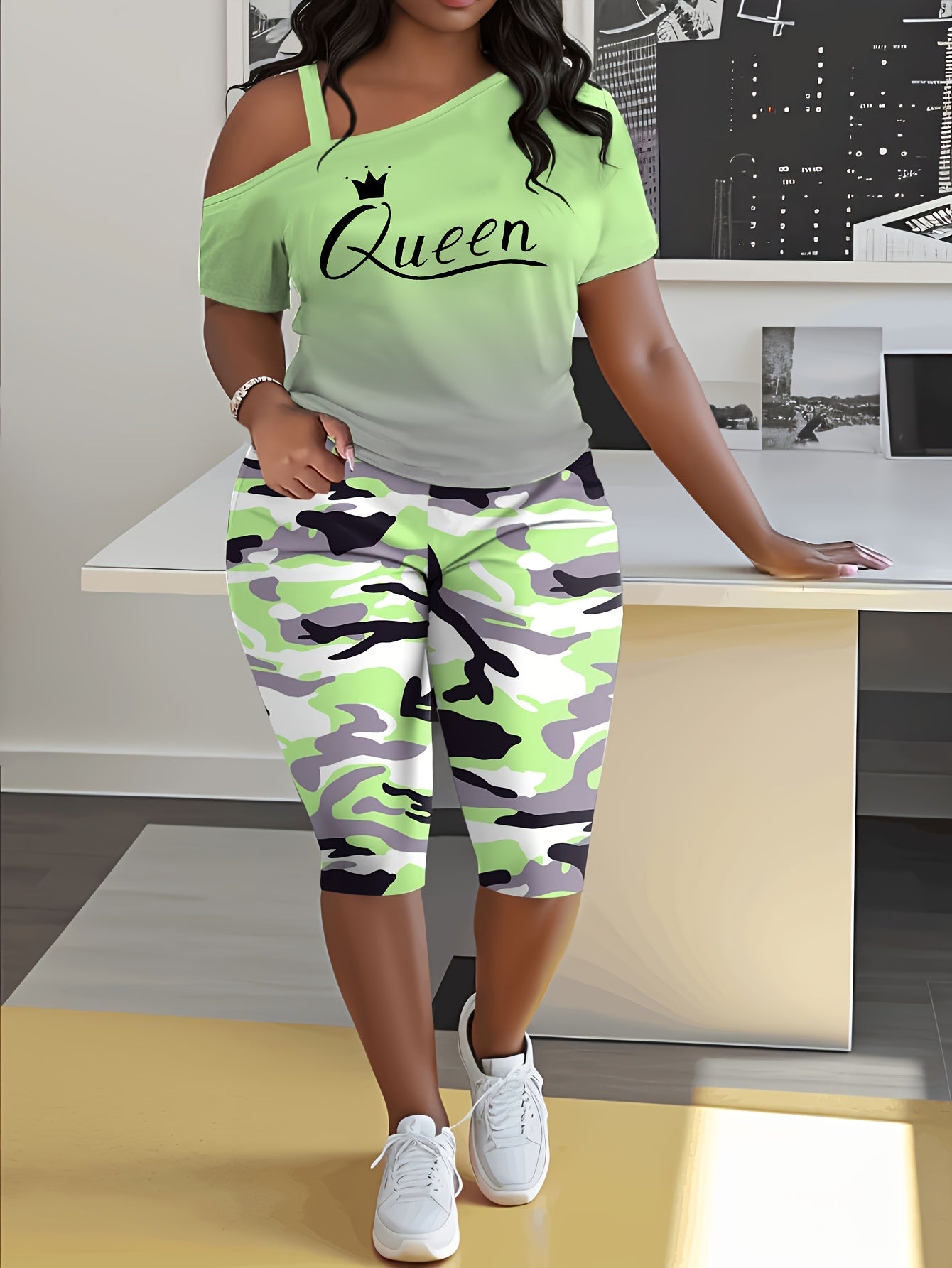 Plus Size - Ladies Fashion Daily Casual Suit, Diagonal Shoulder Camisole Gradient Letter Print Top + Camouflage Capri Pants Design.