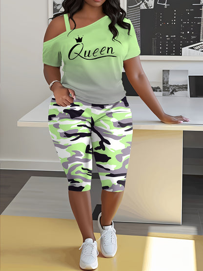 Plus Size - Ladies Fashion Daily Casual Suit, Diagonal Shoulder Camisole Gradient Letter Print Top + Camouflage Capri Pants Design.