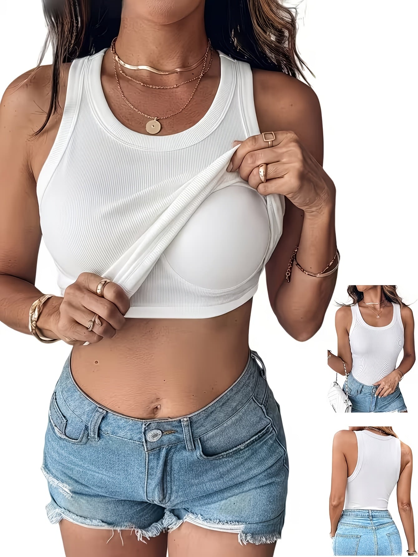 Women'S Padded Ribbed Vest-Seamless Sports Crop Top, with Underwear And Detachable Chest Pad, Breathable Yoga Fitness Base Shirt