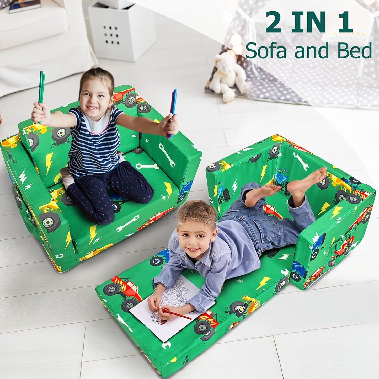 Convertible Kids Sofa Bed for Boys & Girls - Toddler Bed with Flip-Out Mechanism, Space-Saving Convertible Lounge Chair Suitable for, Daycare, Small Rooms, Frame