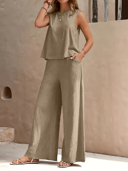 Popular! Women's Sleeveless Crop Top And Wide-Leg Pants Set, Breathable Fabric, Versatile for Vacation And Daily Outfit, Casual Summer Outfit