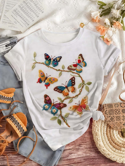 Forest Style Butterfly Wreath Short Sleeve T-Shirt Round Neck Loose White Top Artistic Retro Gentle Style Niche Design Short Sleeve