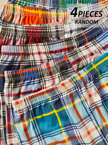Men'S 4-Pc Plaid Boxer Shorts, Soft, Breathable, Random Colors, Casual Loose Fit Underwear Boxer Shorts