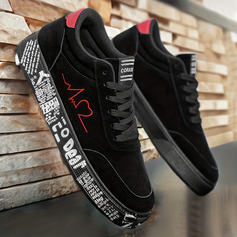 Men's Mid-Top Sneakers - Red Heart & Music Note Graphic Design, All-Season Outdoor//Casual Shoes, Breathable PU/Fabric Upper & Durable PVC Sole, Valentine's/Birthday Gift for Him, Trendy Streetwear Footwear (Black/Red)