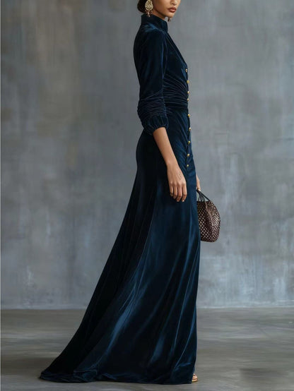 Navy Velvet Stand Collar Waist-Defining Dress for Women | Golden Buttons + Fishtail Hem, Perfect for Evening Parties and Glamorous Social Occasions