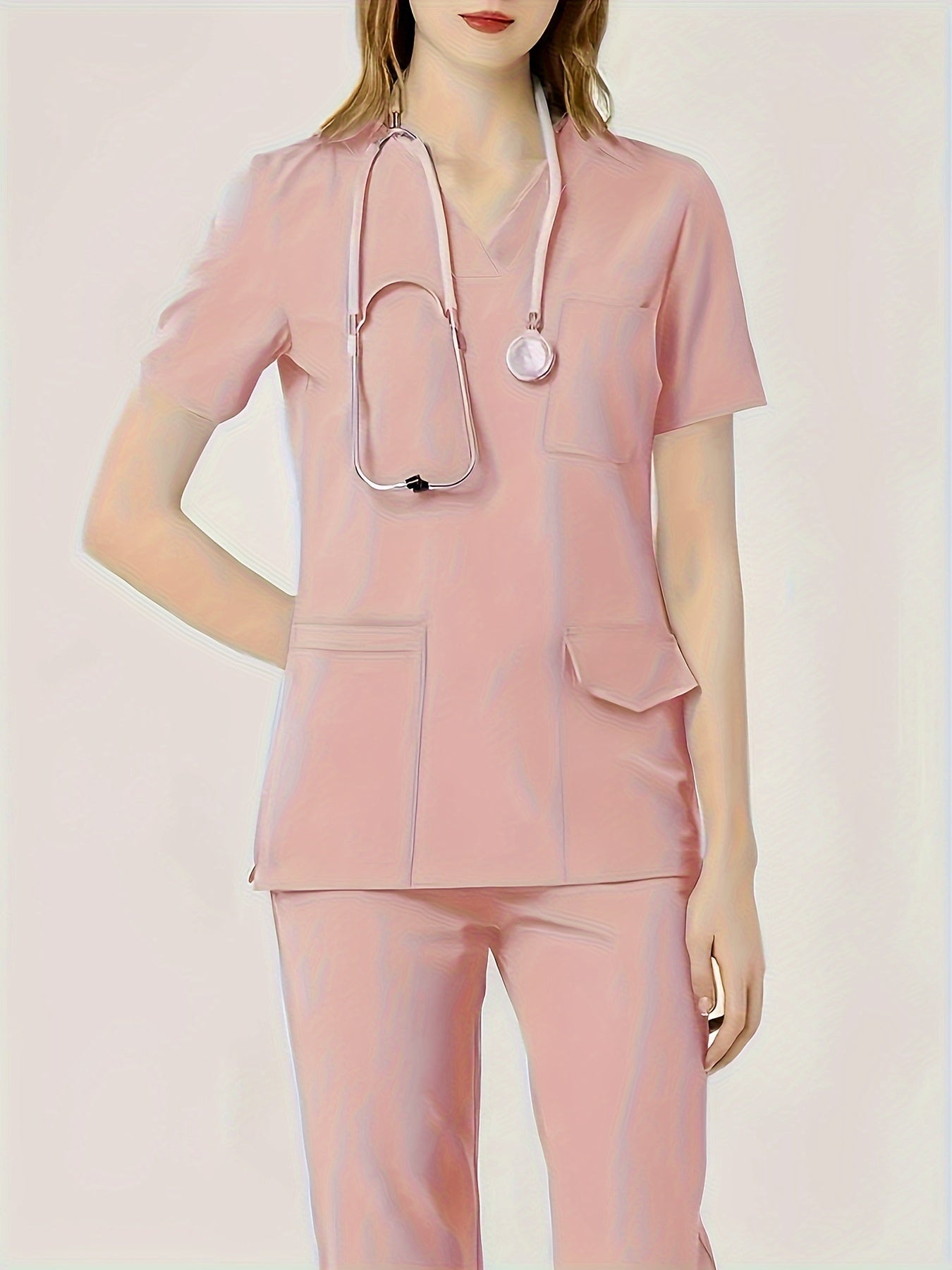 Ultra-Soft Womens Two-Piece Health Care Uniform Set - Stylish V-Neck Top With Practical Pockets & Sleek Solid Pants - Premium Quality, Comfortable Everyday Wear For Women
