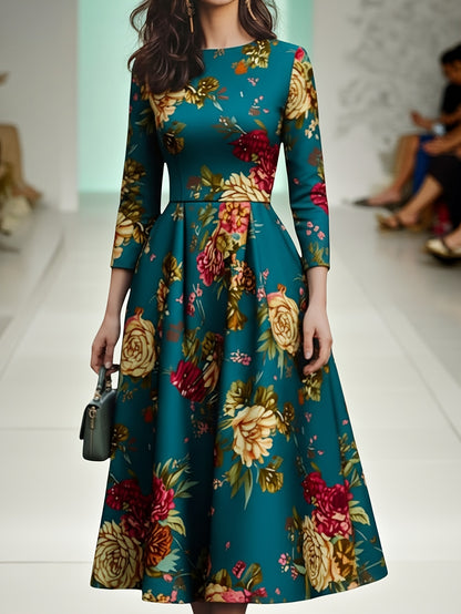 Women' Dark Green Floral Midi Dress with Fitted Bodice & Flowy - Waist-Tie, Crew Neck Retro Dress for Fall/Winter, Date Night, Wedding Guest, - Hand Washable Non-Stretch Dress for these occasions