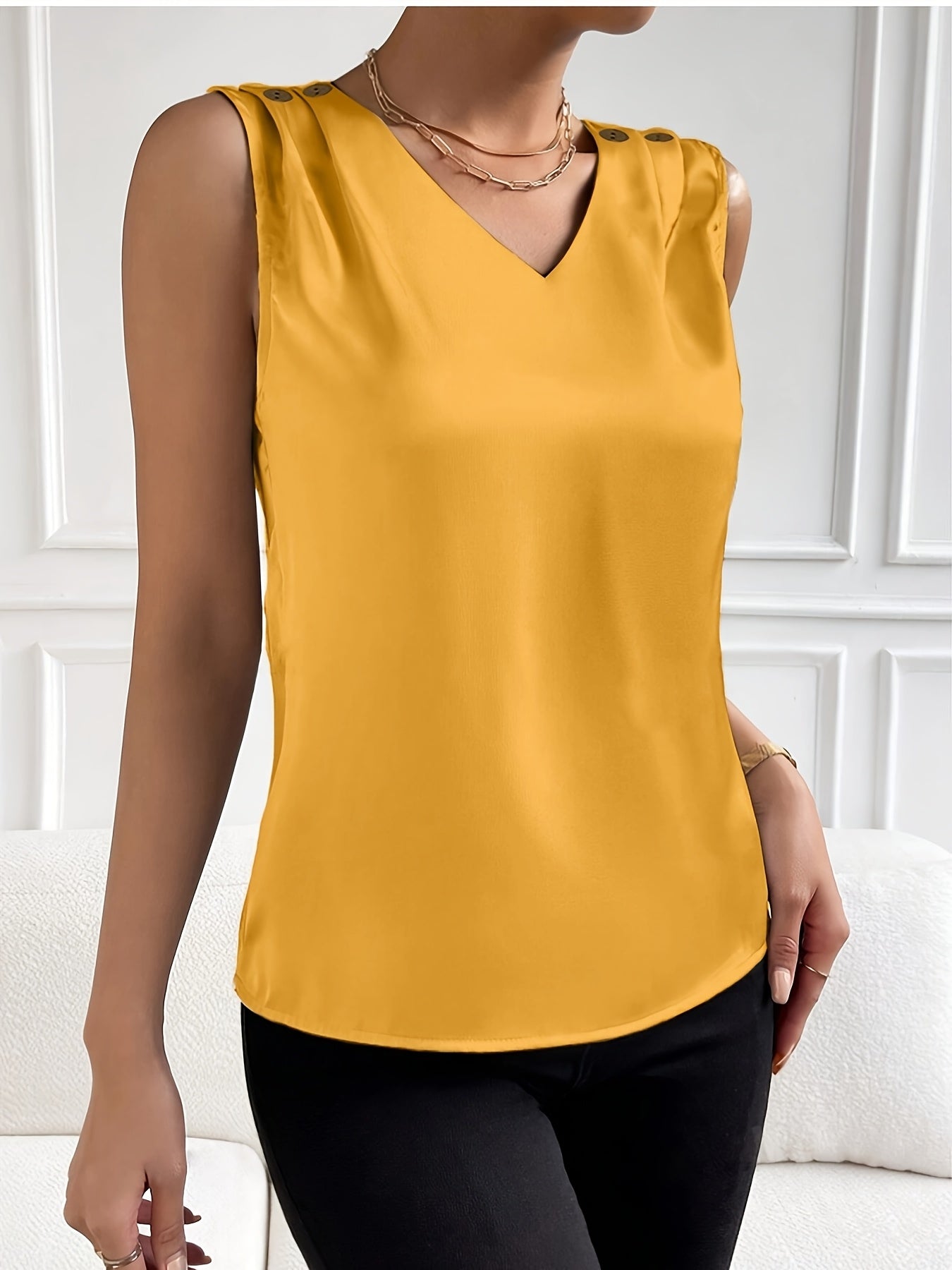 [Summer Tank Top] Solid V-Neck Easy Tank Top, Elegant Button Sleeveless Tank Top for Summer, Women's Clothing
