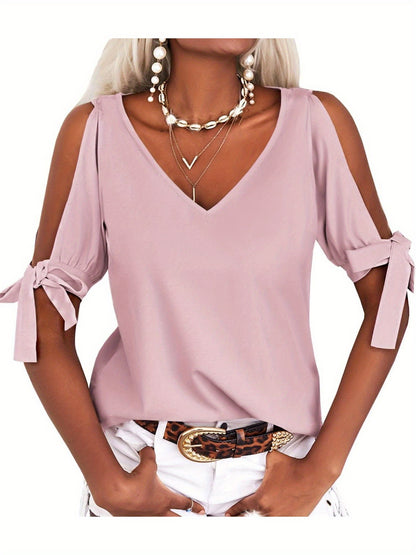 Women's Cold Shoulder Tops Short Sleeve V-Neck Casual Loose Cutout Summer Fashion Tshirts Blouse Shirts