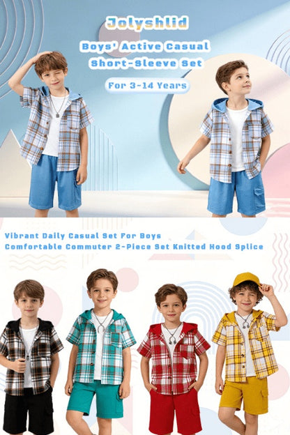 2pcs, Children's Short-sleeved Plaid Shirt Shorts Hooded Top Cardigan Fashion Casual Children's Shorts Set, Perfect for Outdoor