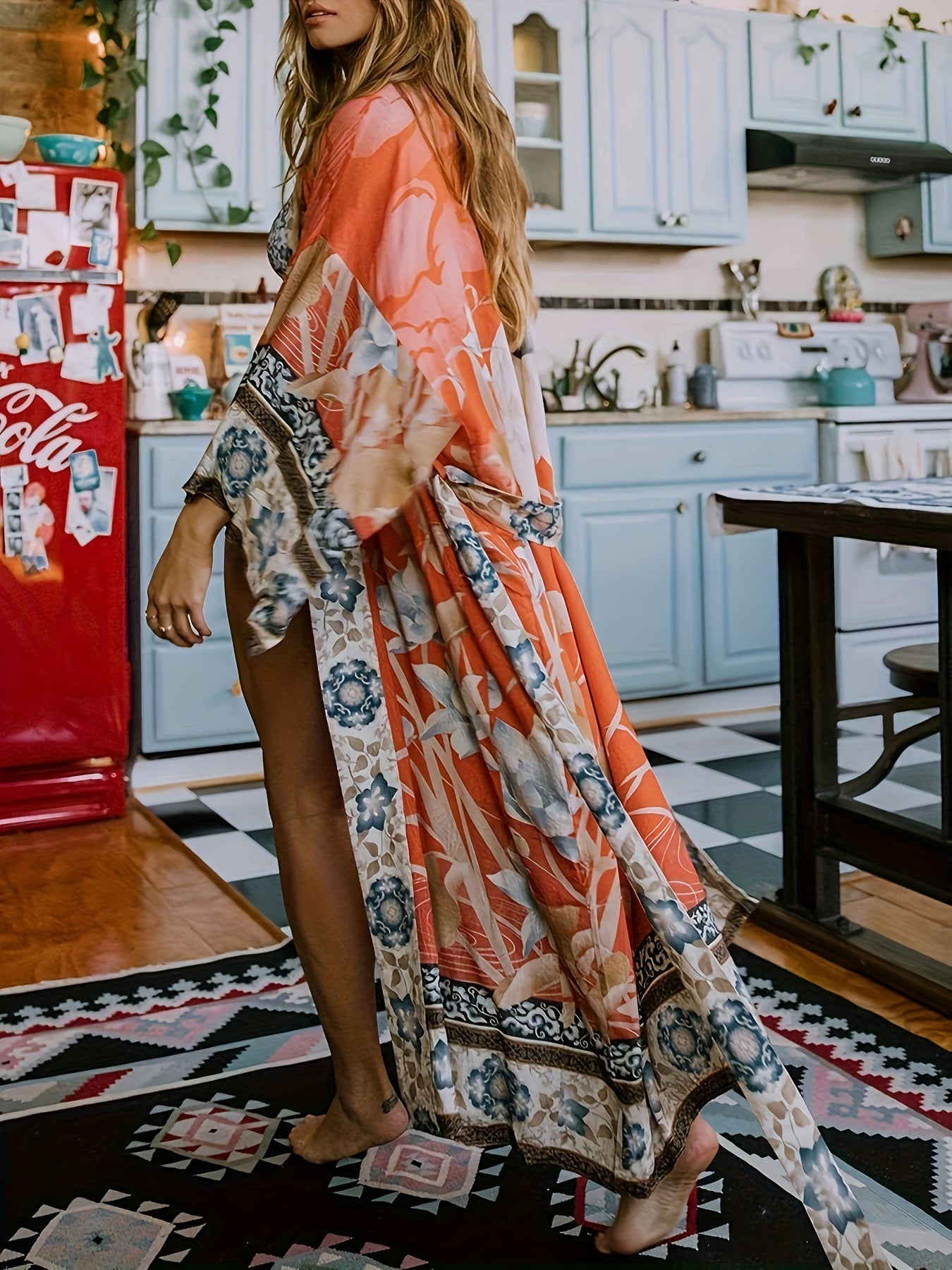 Floral & Crane Pattern Cover Up, Long Sleeves Loose Fit Beach Kimono Cardigan, Women's Swimwear & Clothing