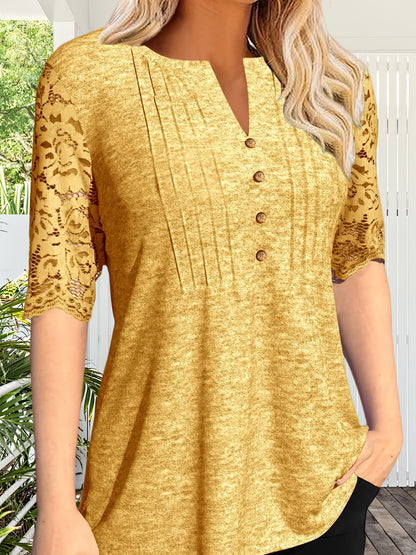 Women's Summer Pleated Button Short Sleeve T-shirt Summer V-neck Solid Color Casual Top