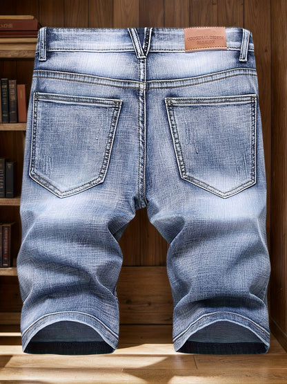 Jeans, Washed, Distressed, Straight Leg, Durable Fabric, Men's Street Style Shorts, Ripped And Stretchy Men's Mid- Length Shorts Summer, Tight- Fitting And Worn- Out Men's Pants