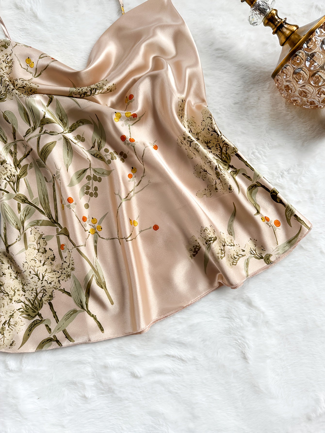 [Four-Piece Pajamas Set] Women's Elegant Small Cherry Print, Wearable in All Seasons, Pile Collar Suspenders Long Pajamas Set, Comfortable Four-Piece Set