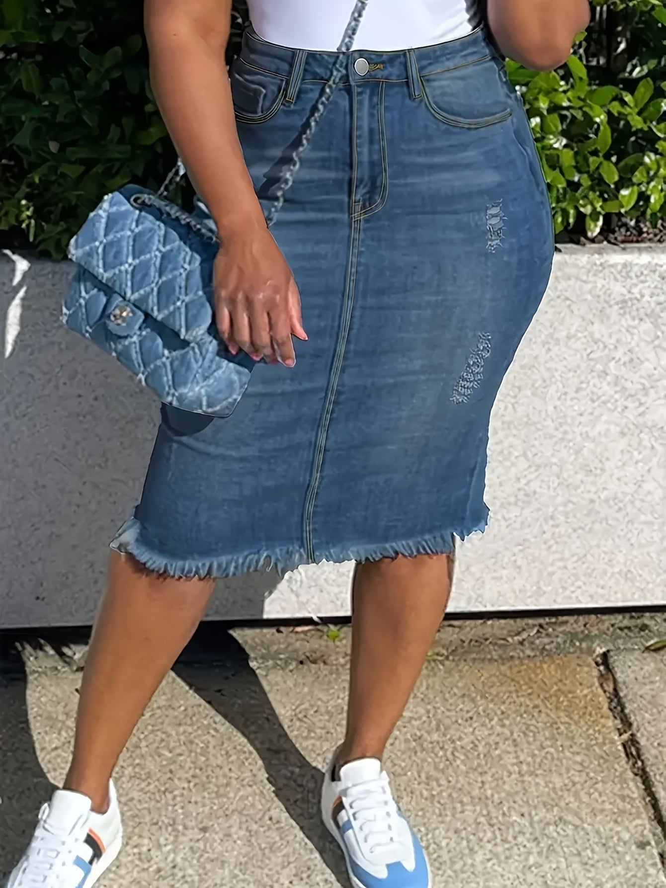 Vintage High-Waisted Denim Midi Skirt with a Raw Hem - Stretchy, Machine Washable, And Perfect for Casual Wear in Spring, Summer, And Fall. Features a Distressed Look And Non-Transparent Fabric.
