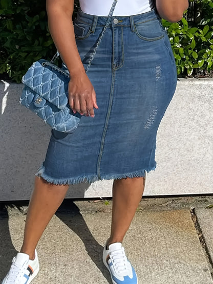 Vintage High-Waisted Denim Midi Skirt with a Raw Hem - Stretchy, Machine Washable, And Perfect for Casual Wear in Spring, Summer, And Fall. Features a Distressed Look And Non-Transparent Fabric.