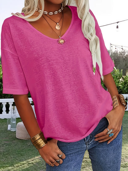 Women Fashion V-neck Half Sleeve T-shirt, Solid Color Casual Loose Basic Top