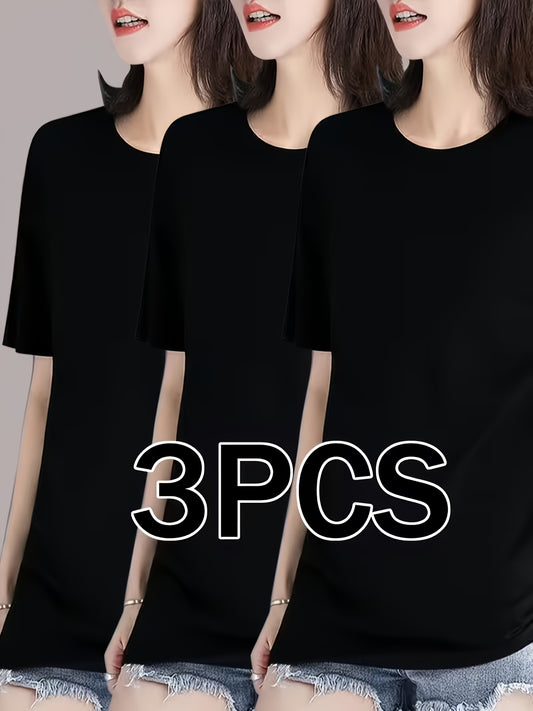 3-Pack Women's Solid Color Round Neck T-Shirt, Soft And Comfortable Pure White Casual Round Neck Shirt, Perfect for Summer And Casual Wear