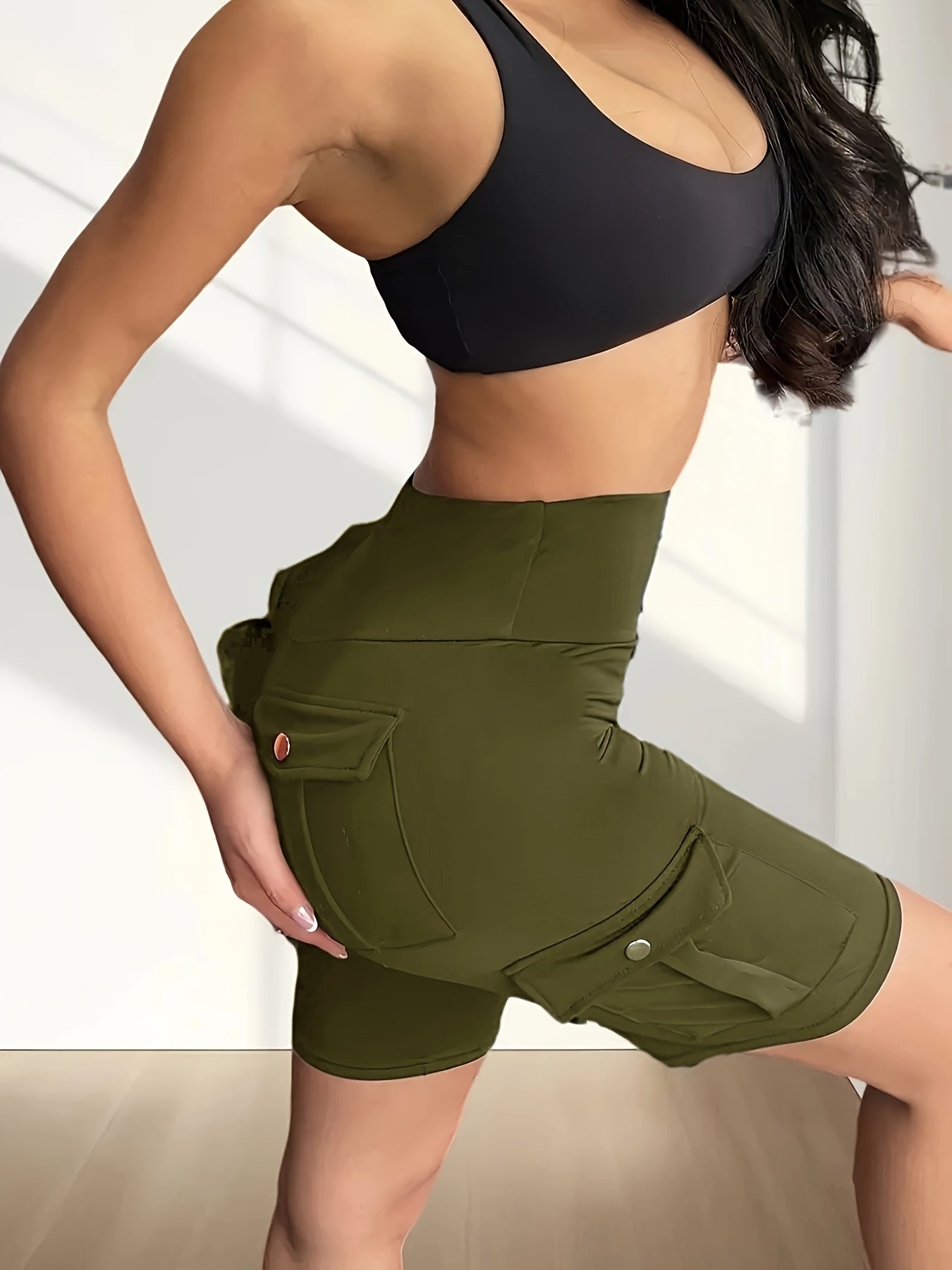 High Waist Women's Solid Color Sports Yoga Tooling Shorts with Pocket Design