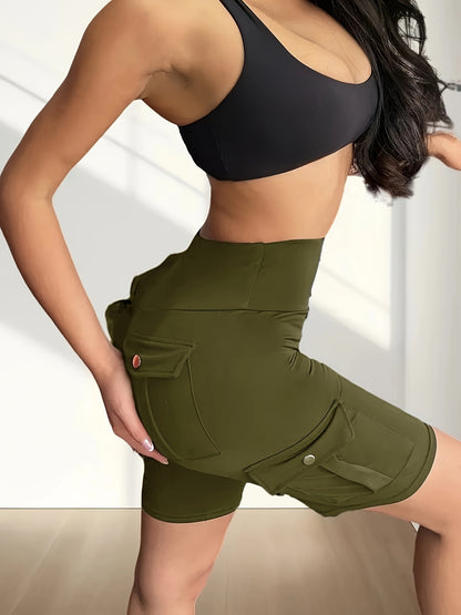 High Waist Women's Solid Color Sports Yoga Tooling Shorts with Pocket Design