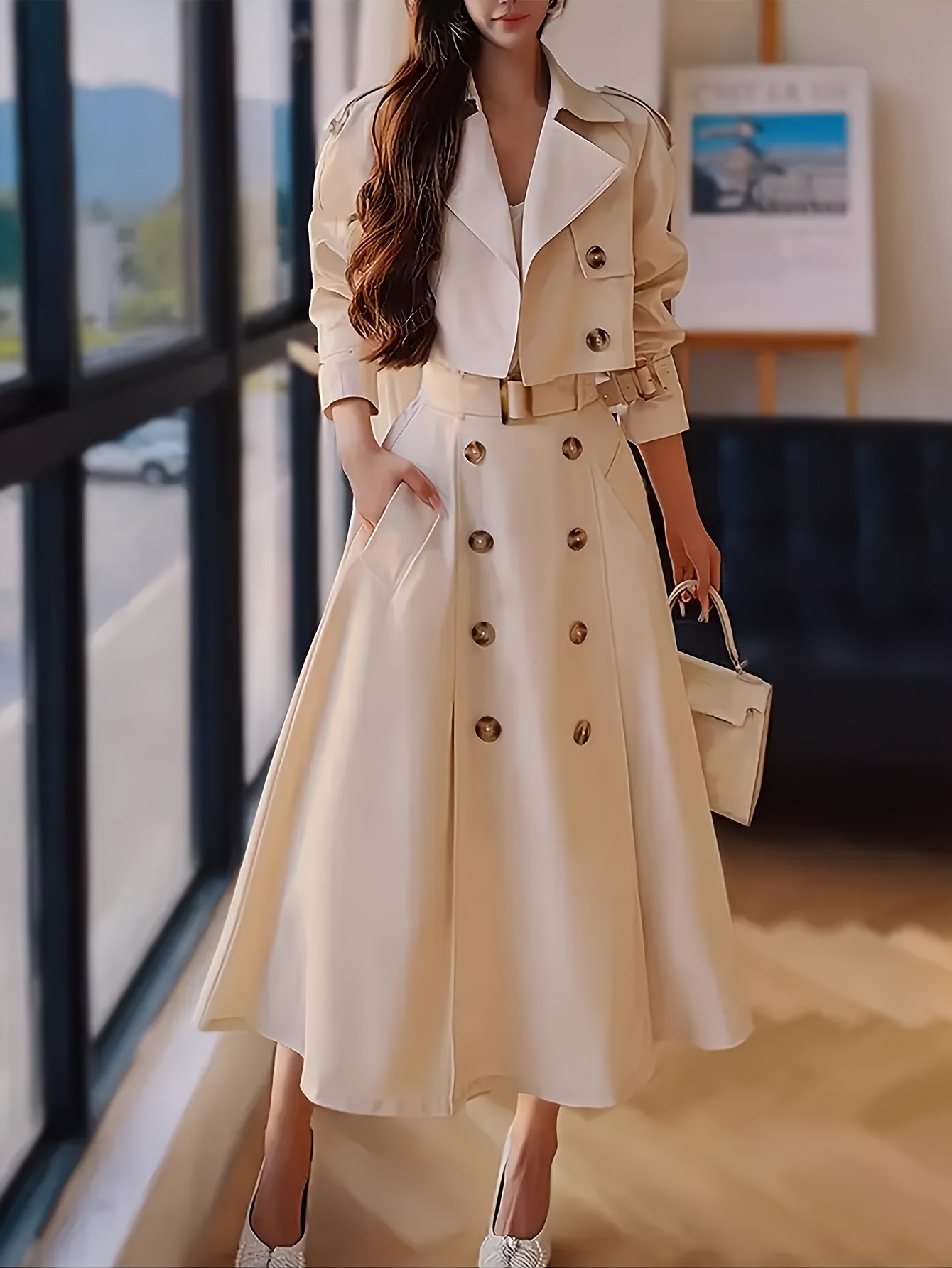 2026 New Arrivals In Elegant Style: Stylish Set Of Short Windbreaker Coat + High-waist Double-breasted Skirt, Perfect for Office Commuting, Game Day Outfit, Football Fan Gear for All Fans