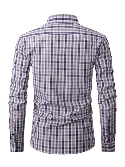 Men's Navy Blue & White Plaid Cotton Long-Sleeve Shirt - product view 14