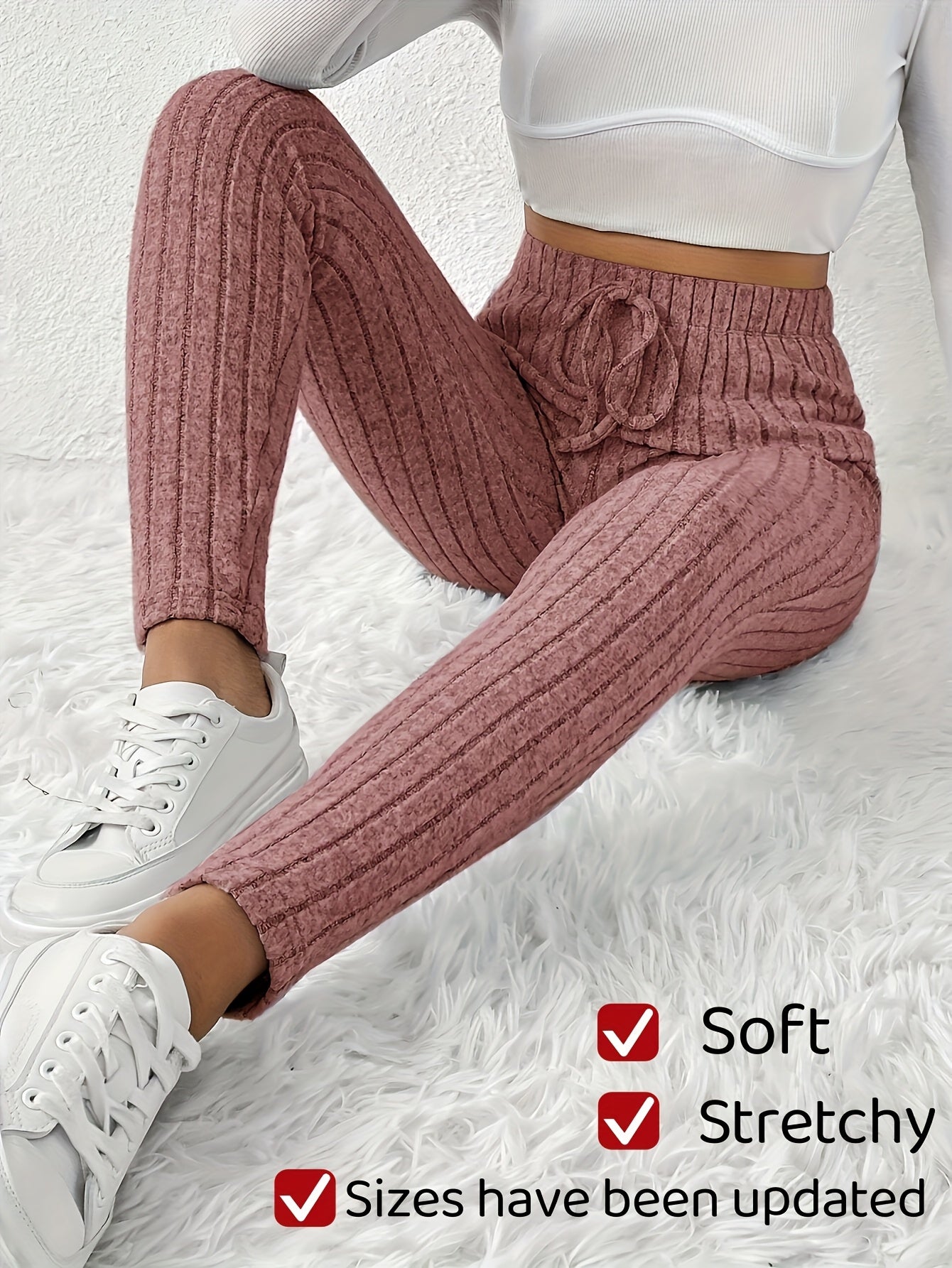 Women'S High - Waist Ribbed Leggings - Stretchy Slim Fit, Drawstring Detail, Casual Solid Color Pants for All Seasons