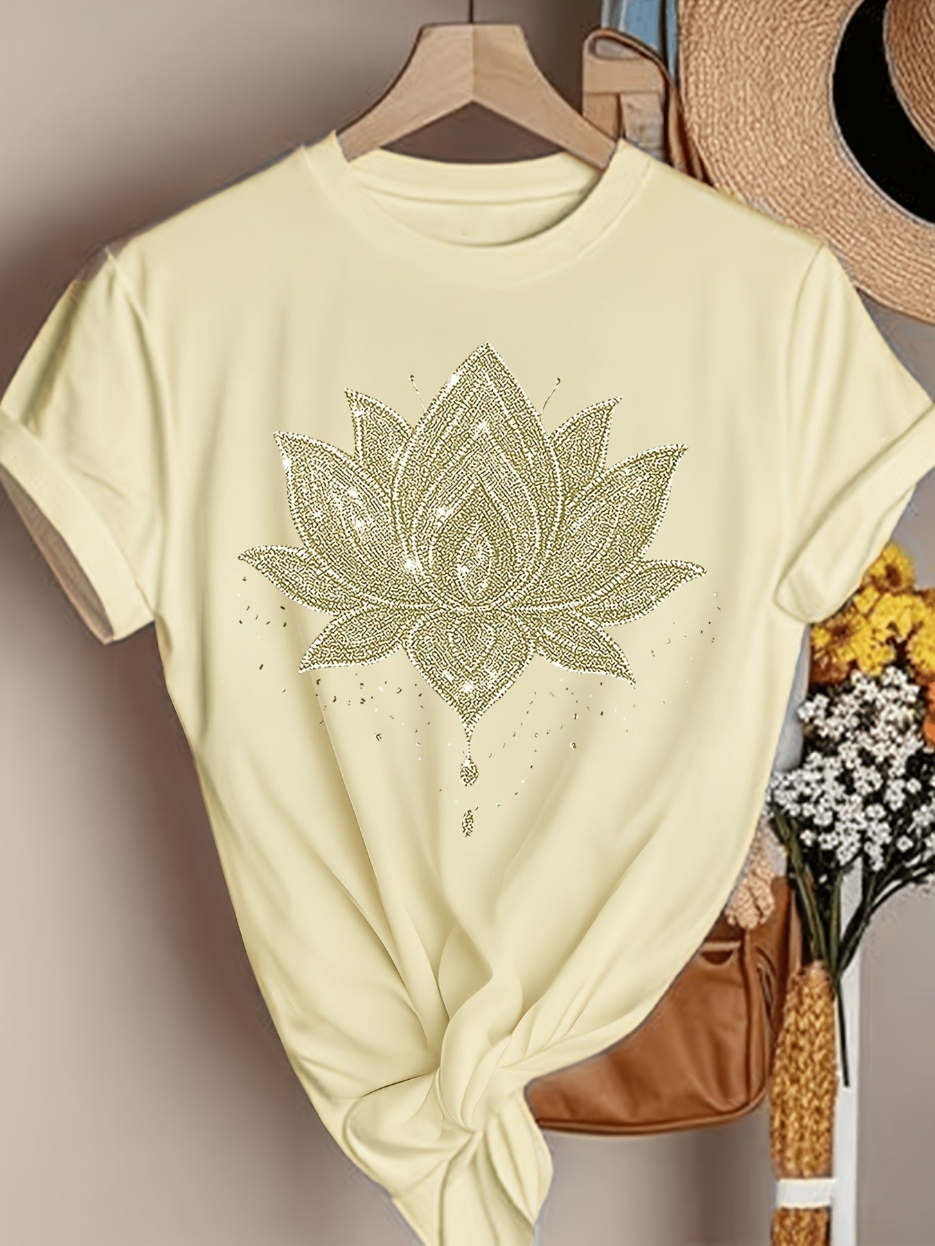 Inner Peace Mandala Plant Floral Pattern Printed T-Shirt Casual Short Sleeve Round Neck Top Fashionable All-Season Women'S Clothing