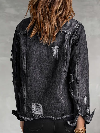 Washed Out Women's Denim Jacket with Pockets; Boyfriend Style; Distressed Look.