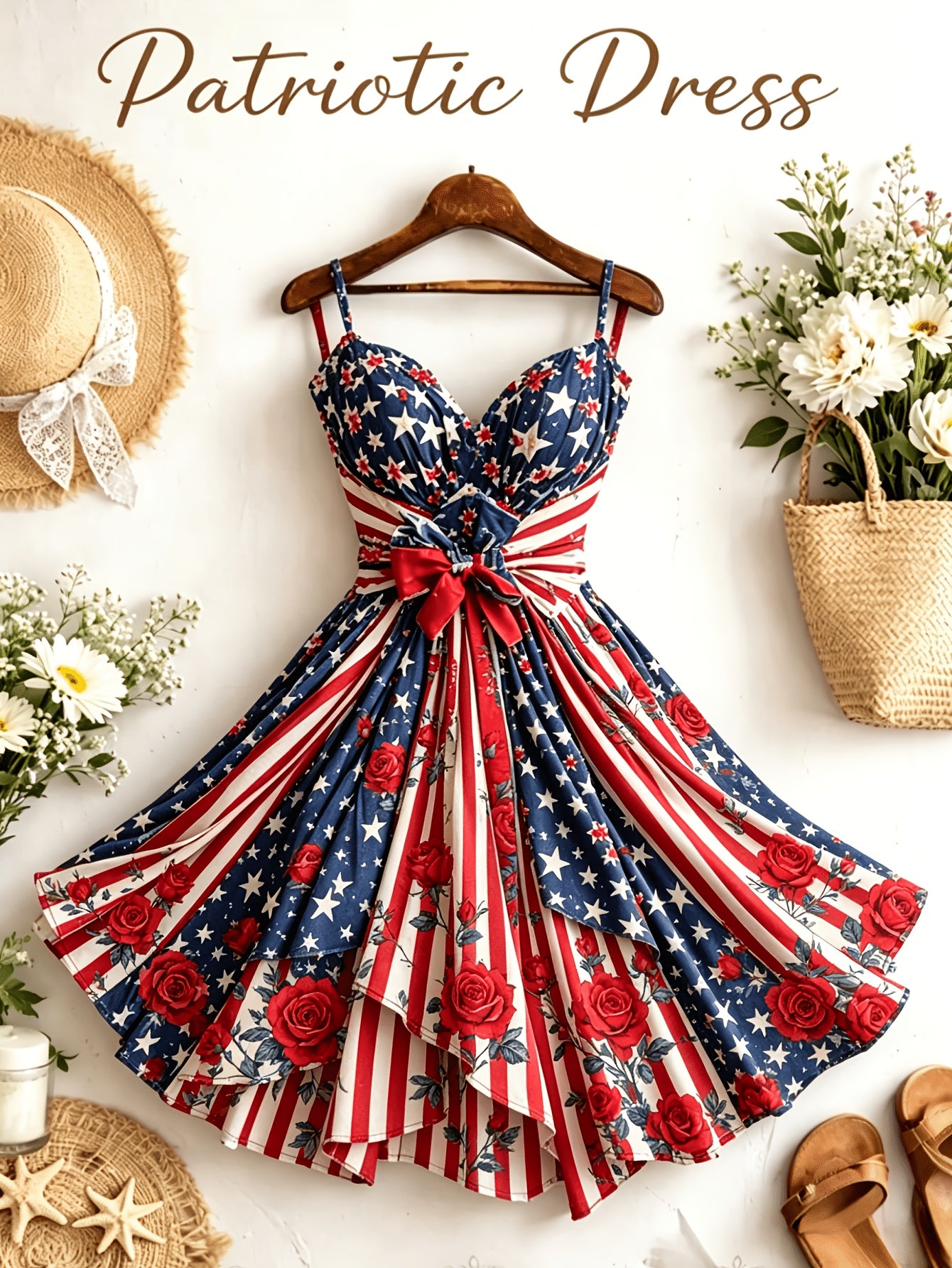 [Independence Day Style] Women's Retro Independence Day Style Camisole V-Neck Padded A-Line Waist Belted Fashion Dress