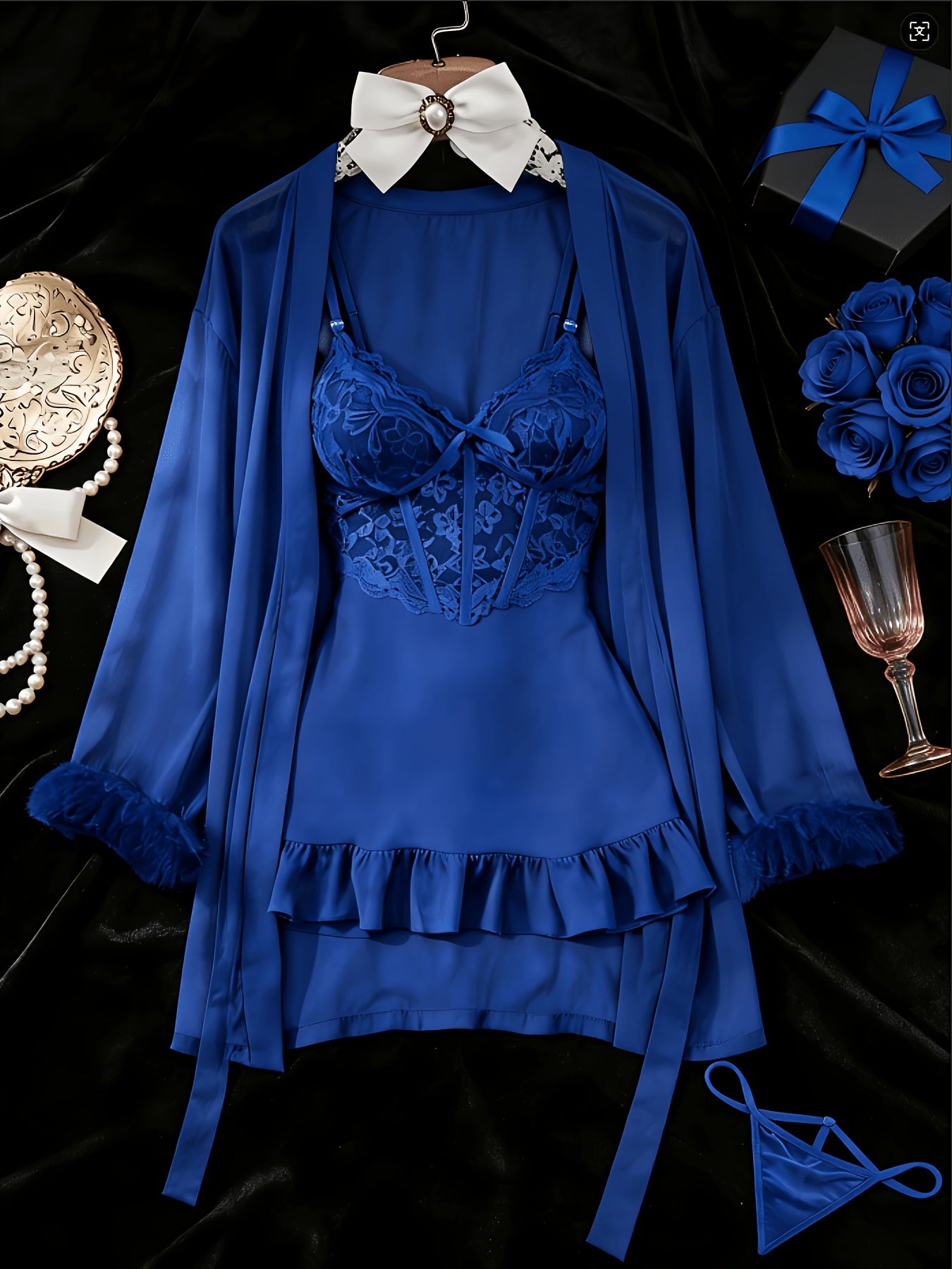 [3pcs Sheer Lace Set] Women's Lingerie 3pcs Sheer Lace Babydoll Set With Robe And Panty See Through Trim Mesh Sleepwear Sexy Nightwear