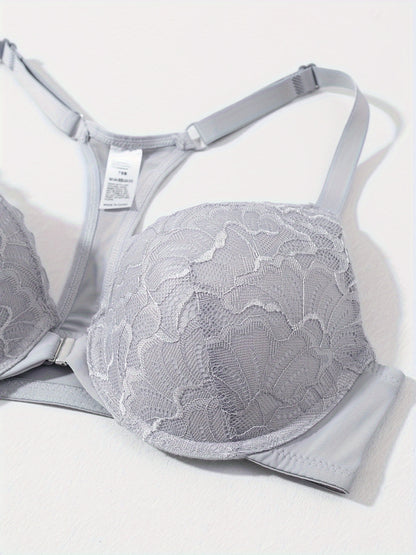 3pcs Front Closure Lace Patchwork Bras for Women with Underwire, Push-Up, Anti-Sagging, Sexy Back Design, Suitable for Dating