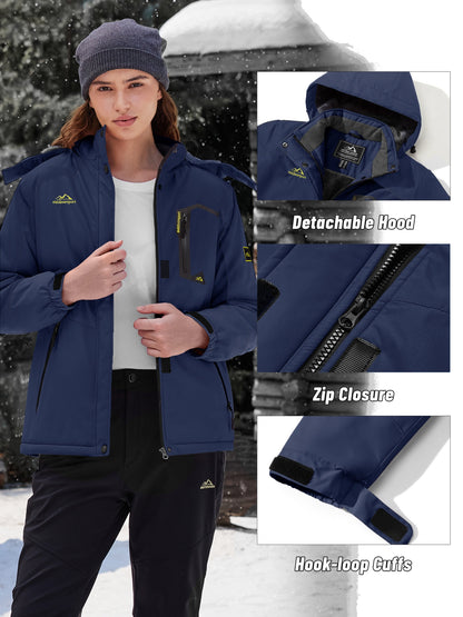 Winter Jacket for Women - Women's Ski Snowboard Jacket Thermal Fleece High Quality Insulated Snow Jacket Casual Work Jacket Outdoor Sports Coat Windbreaker Parka 4 Pockets Camping Snow Jacket Windproof Hood Warm Winter Hiking Fleece Lined Jacket
