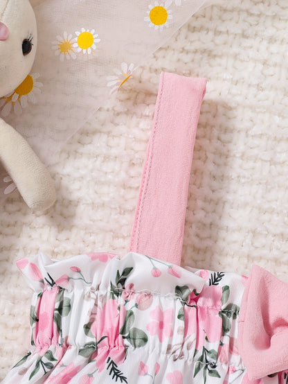 2pcs Baby Girls' Spring Summer Pink Floral & Bow Dress Set - Ruffled Sleeve Smock Dress & Matching Shorts with Elastic Waist, Machine Washable Playwear Outfit for & Young Girls (Casual Photo Shoot Clothes), Perfect for Outdoor