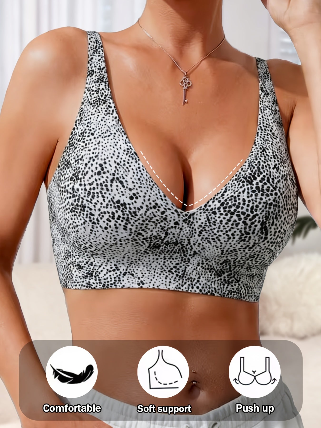Women's Seamless Jelly Gel Sexy Leopard Print V-Neck Bra- No Underwire, Non-removable Pads, Adjustable Straps, Invisible Clasp, Breathable and Comfortable, Women's Push-up Bra, Women's Leopard Print Bra