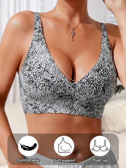 Women's Seamless Jelly Gel Sexy Leopard Print V-Neck Bra- No Underwire, Non-removable Pads, Adjustable Straps, Invisible Clasp, Breathable and Comfortable, Women's Push-up Bra, Women's Leopard Print Bra