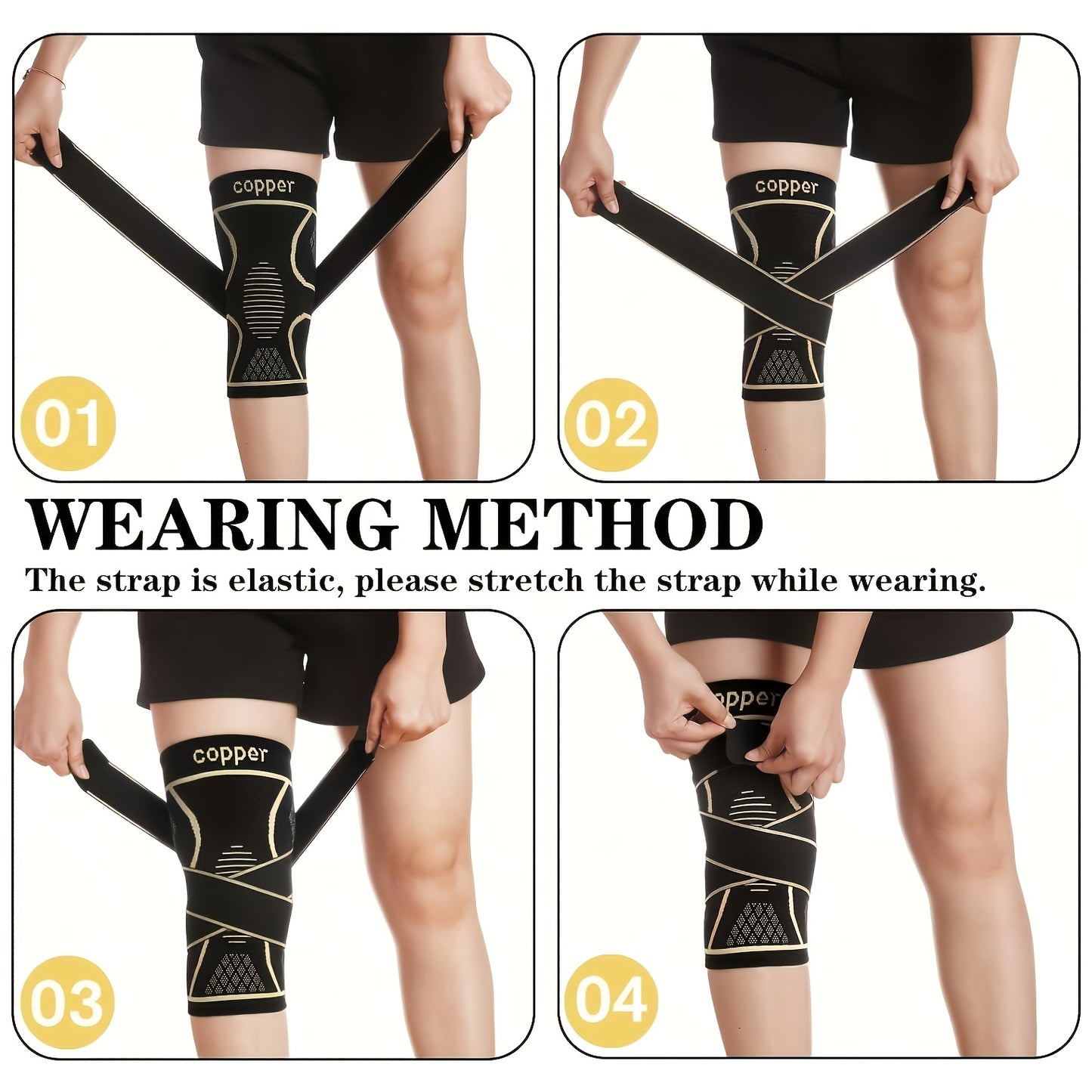 2 Copper Knee Pad with Straps - Black Compression Sleeve for Stability, Nylon Blend, Modern Design, Strap Closure, Comfortable And Durable, Suitable for Daily Activities