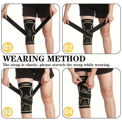 2 Copper Knee Pad with Straps - Black Compression Sleeve for Stability, Nylon Blend, Modern Design, Strap Closure, Comfortable And Durable, Suitable for Daily Activities