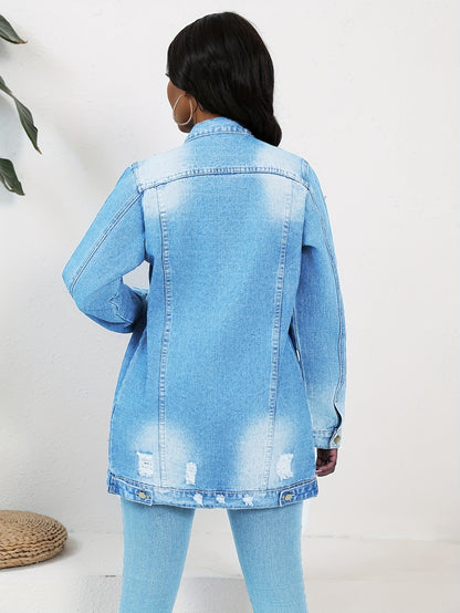 Women Fashion Solid Ripped Turn-down Collar Jean Jacket For Women Loose Casual Blue Fashionable Women Coats Female Outwear Denim Dark Blue Jacket For Women