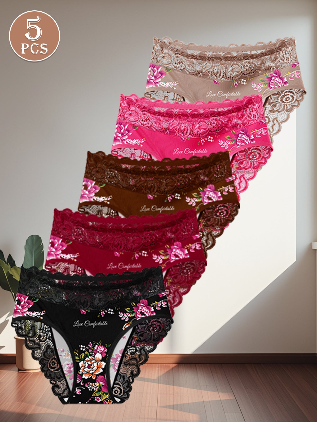 5-Pack Women's Mid-Rise Lace Trim Floral Print Panties Tummy Control Butt Lifting Seamless Invisible Soft Breathable Elegant Briefs for Daily Wear