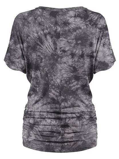 Women's Short Sleeve V Neck Tie-Dye Dolman Top w/Side Shirring