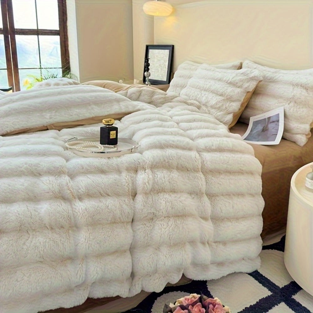 Faux Rabbit Fur Throw Blanket - Striped Double-Sided Flannel Back