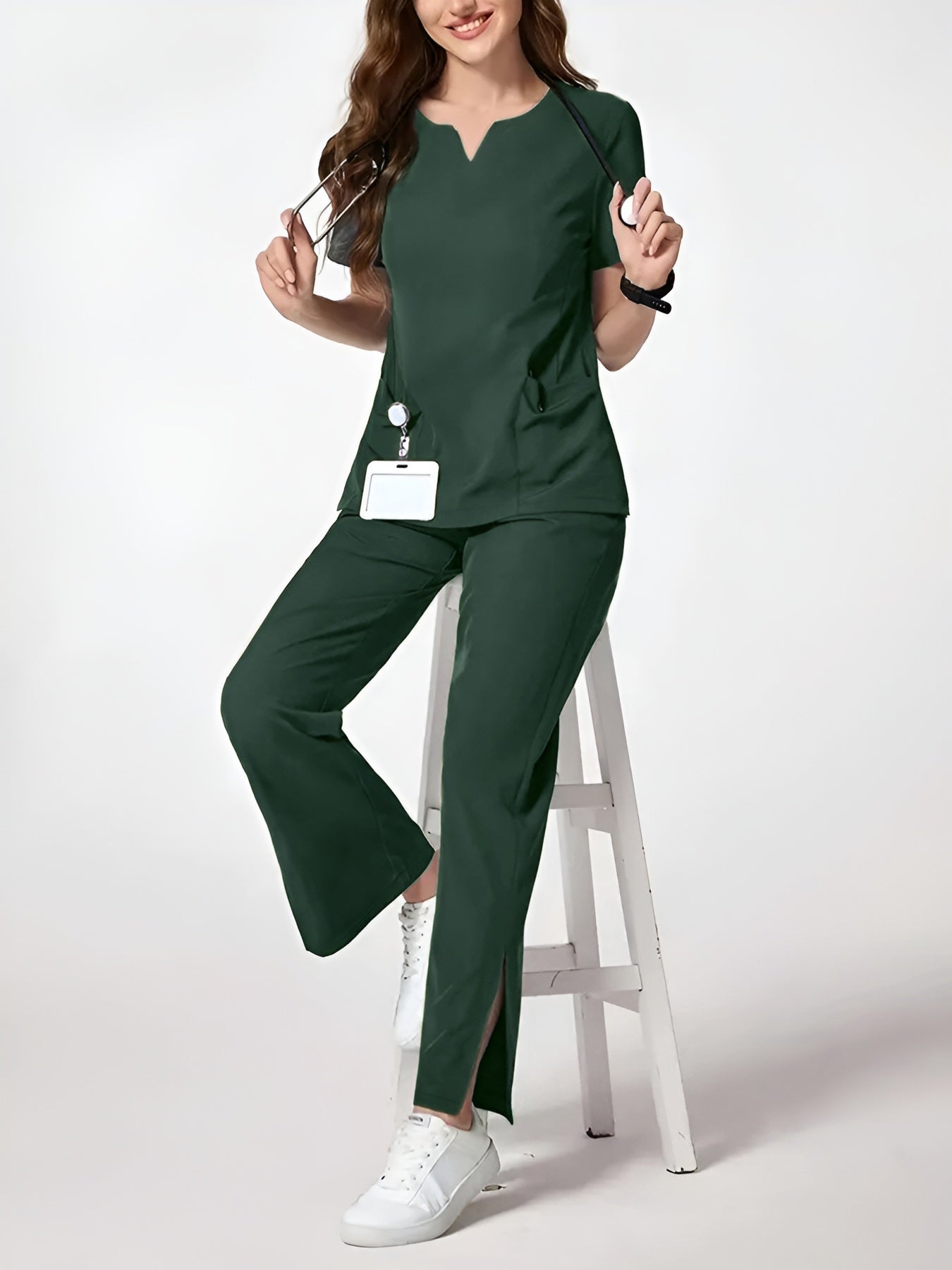 Two-Piece Easy And Comfortable Breathable Brushing Gloves Set for Work Uniforms, V-Neck Short-Sleeved Front-Pocket Comfortable Top And Slit Straight-Leg Trousers, All-Season Wear, Perfect for Healthcare, Dental, And Pet Hospital Professionals