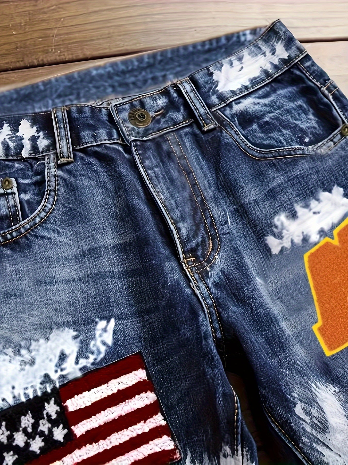 Punk Trend Blue Cat Whisker Slimming Fashion Flag Badge Paint Embroidery Small Straight Men'S Jeans